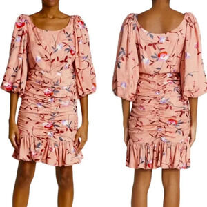 ByTimo Ruched Floral Embroidered Jacquard Dress Balloon Sleeves Coral Size XS